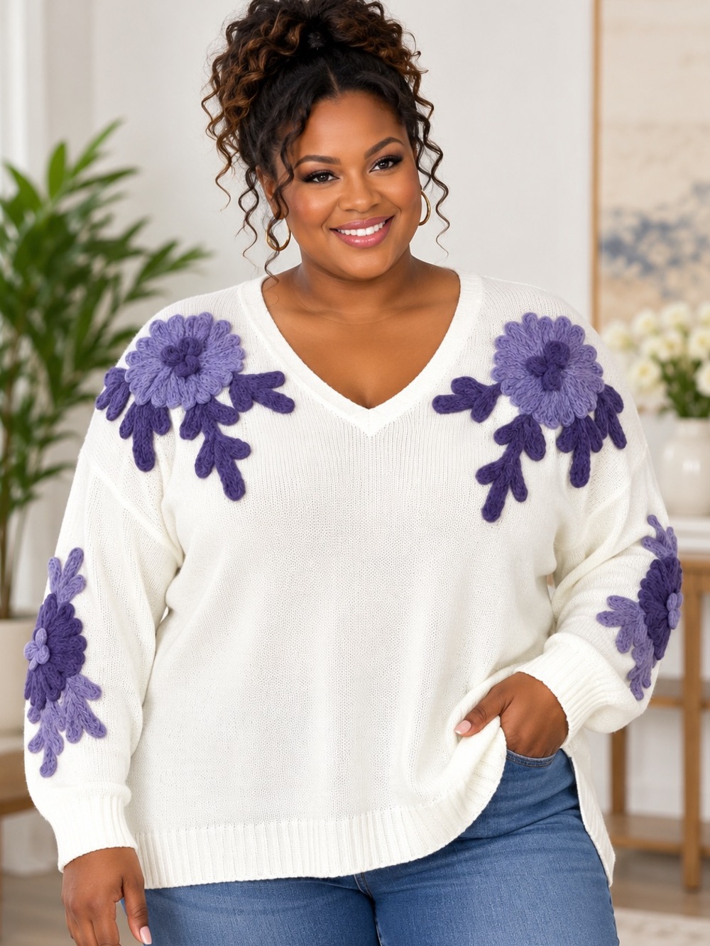 Cato Sweater 18/20W White Purple Limited Edition Floral NWT